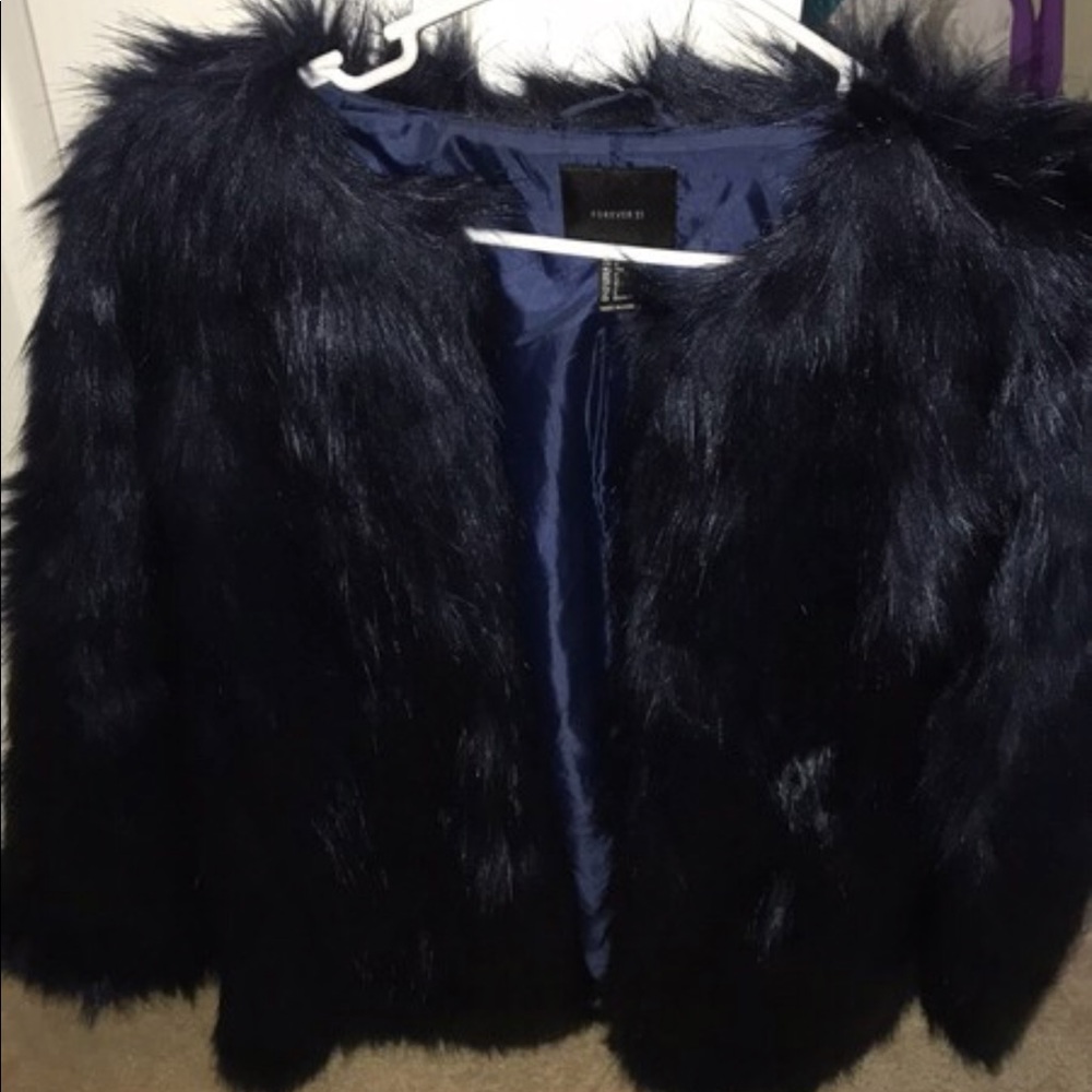 A Dark Blue Long Sleeved Fur Coat from Forever21